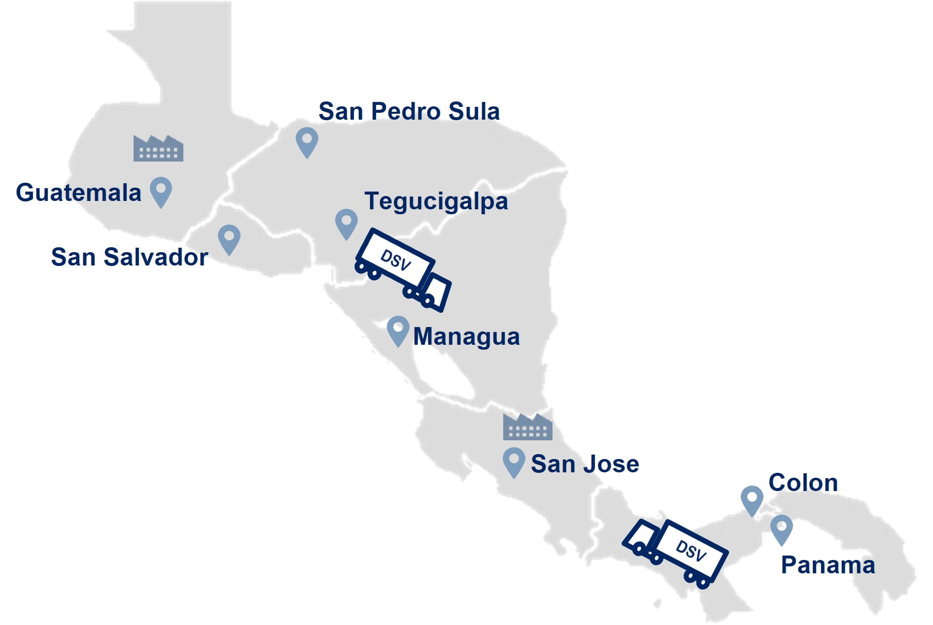Mapa de rutas de transporte de carga terrestre entre Panamá y Centroamérica de DSV